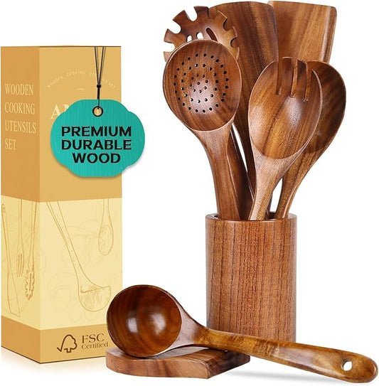ANBUY Wooden Spoons for Cooking, Natural Teak Cooking Utensils Set, Wooden Kitchen Utensils Set with Holder & Spoon Rest, Wooden Cooking Utensils Set of 9