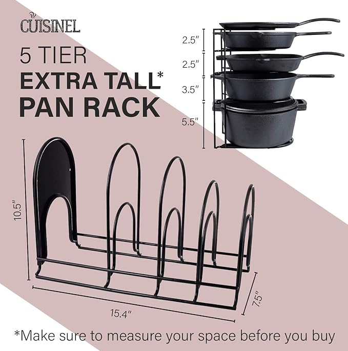 Cuisinel HEAVY DUTY POTS AND PANS ORGANIZER - EXTRA LARGE 5-TIER RACK - HOLDS CAST IRON SKIL