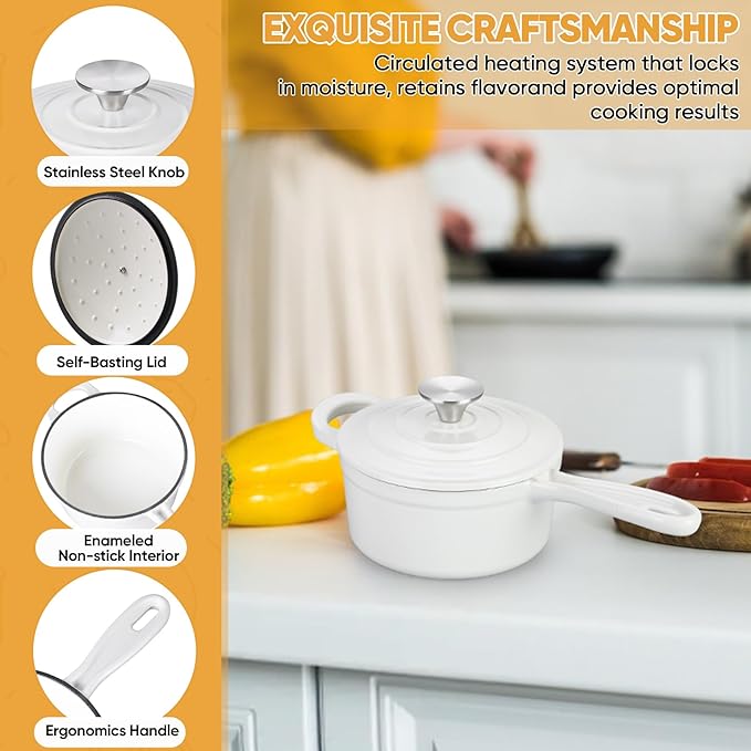 TeamFar 1+2QT Enameled Cast Iron Sauce Pan, Small Sauce Pot with Lid, Mini Dutch Oven Saucepan for Cooking/Simmering/Baking/Boiling, Sturdy & Nonstick, Oven Safe & Fit for Induction - White