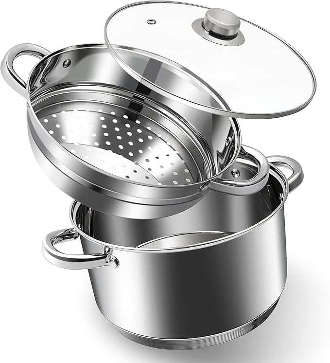 6 QT Stainless Steel Cookware Set, 3-Piece Multipurpose Stock Pot with Steamer Pot and Tempered Glass Lid, Stainless Steel Handle, Work with Gas Electric Induction Stove