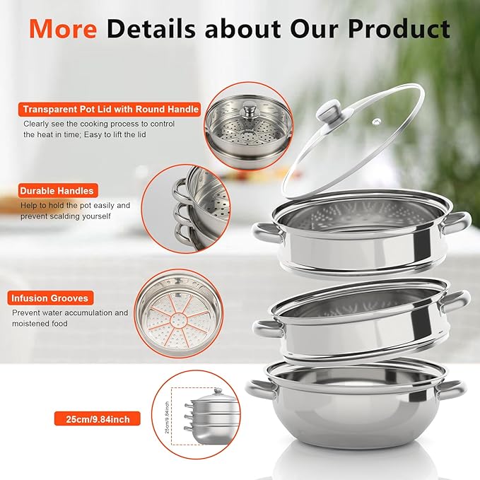 3-Tier Stainless Steel Steamer Pot, Large Capacity Food Steamer for Stove, Multi-Layer Stackable Cooking Steam Pot Kitchen Cookware with Glass Lid for Induction/Gas/Electric Stoves (12.8 Inch)