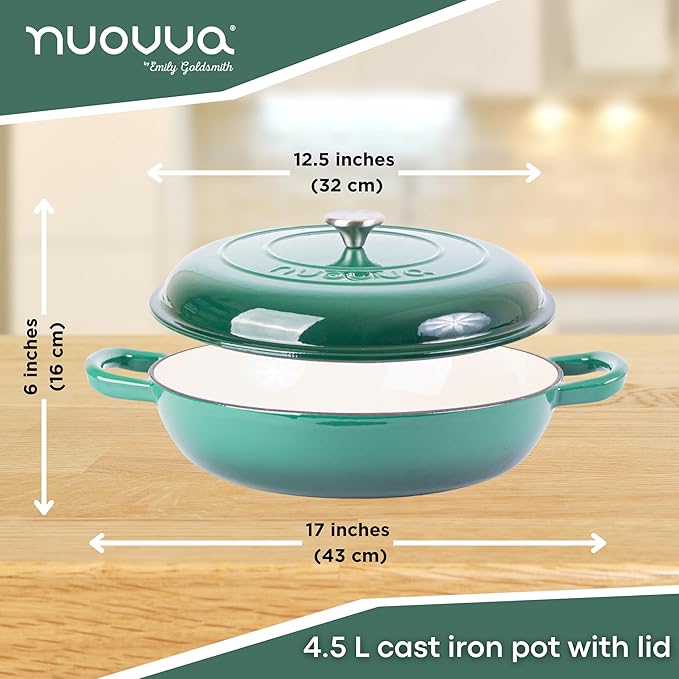 Shallow Cast Iron Casserole with Lid – Non Stick Dutch Oven Pot, Oven Safe up to 500° F – Sturdy Ovenproof Stockpot Cookware – Enamelled Cooking Pot – Dark Green, 5-Quart, 32cm – by Nuovva