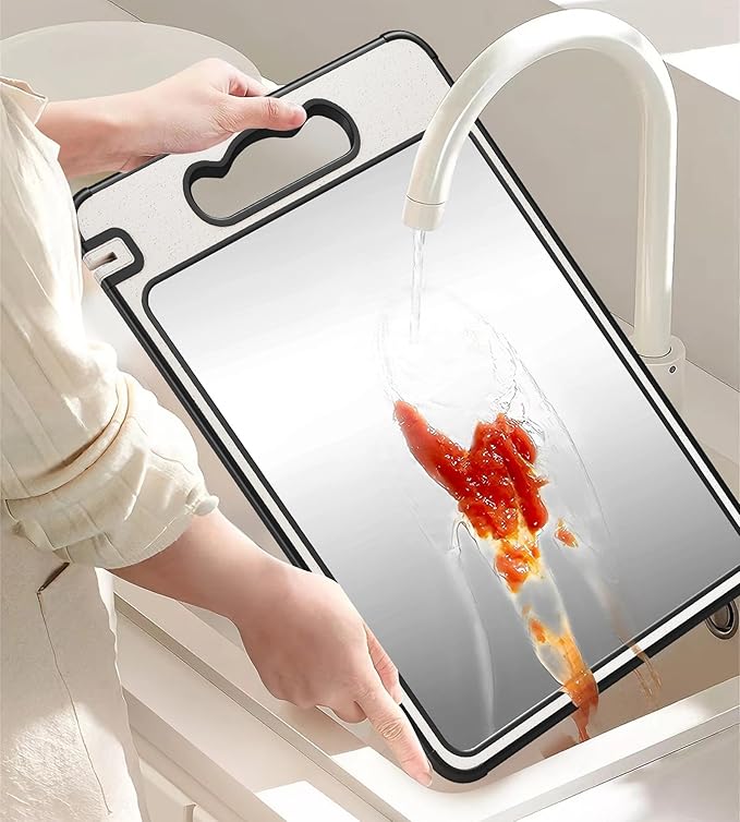 Double Sided Titanium& Wheat Straw Cutting Board, 16"*11" Non Toxic Lightweight Chopping Board, Separately Handle Meat and Vegetables, Dishwasher Safe, Scratch Resistant Mesh Design