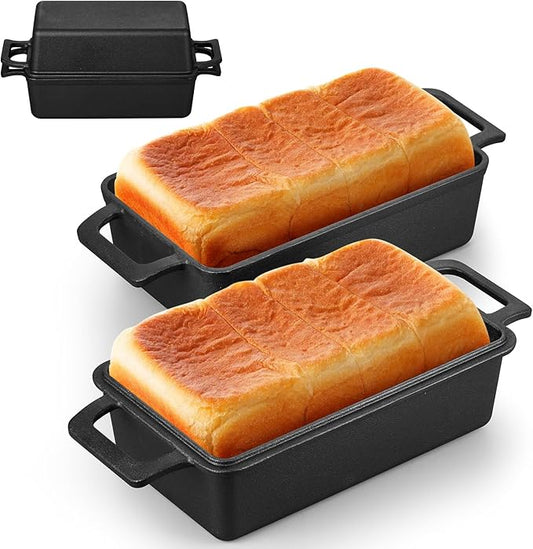 Leonyo 2 Piece Cast Iron Bread Pan, 9 x 5 inch Cast Iron Loaf Pan with Lid, 2-in-1 Pre-seasoned Loaf Dutch Oven for Baking Homemade Sourdough Bread, Pound Cake, Up to 500℉ & Oven Safe - Black