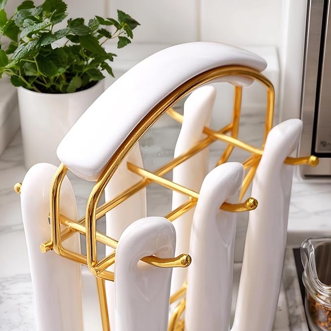 Novellus Stainless Steel Gold Kitchen Utensils Set with Holder, 7pcs Kitchen Accessories for Cooking Includes Soup Ladle, Metal Spatula, Slotted Spoon, Slotted Spatula, Pasta Spoon, White & Gold