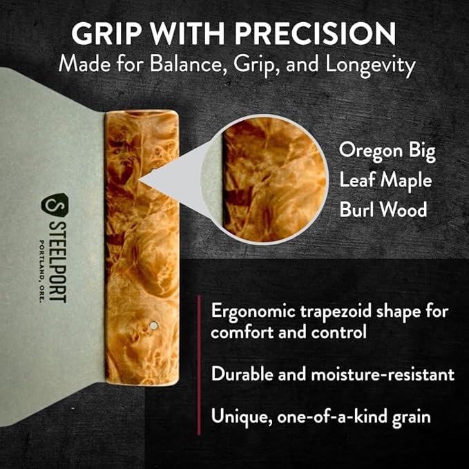 Steelport Bench Scraper | USA Made Dual Edge Stainless Steel Dough Cutter | 18-Gauge Steel Blade, Tapered Maple Burl Handle | Kitchen Gadgets for Bakers, Professionals, Home Cooks | Gift for Bakers