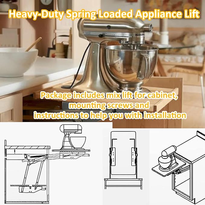 Mixer Lift for Cabinet Appliance Lift for Cabinet Without Soft-Close Spring Loaded for Cabinet Heavy-Duty for Kitchen Cabinet Appliance Lift with Locking Mechanism Mounting