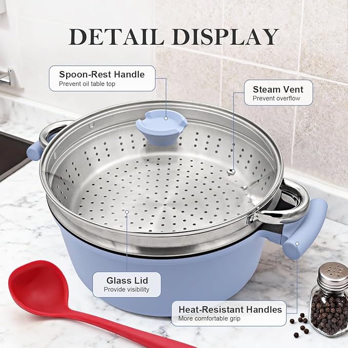 6-Quart Steamer Pot for Cooking, Steam Pots with Basket, Nonstick Stock Pot with Vegetable Steamer, Non Stick Soup Pot with Lid, Stay-Cool Handles, Induction Compatible, PFOA PFOS Free, Blue