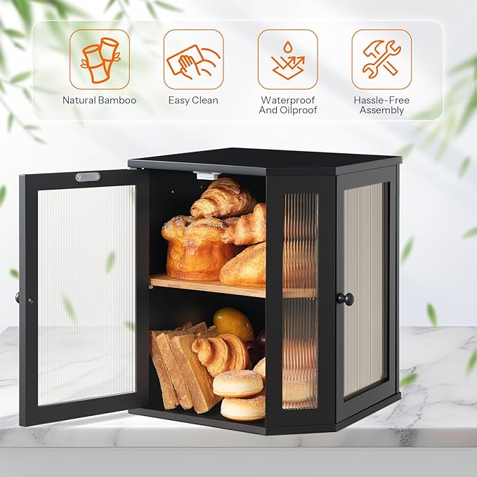 HOOBRO Bamboo Bread Box, Kitchen Countertop Corner Bread Box, Large Capacity 2-Tier Bread Container, Bread Storage Container with Dual Rippled Acrylic Doors, for Kitchen Food Storage, Black BK12MB01