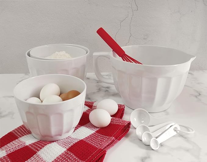 UP Latte Style Melamine Batter Bowl with Pour Spout, Handle and Non-Slip Base, Grip Handle for Easy Mix and Pour, Home Essentials Cooking and Baking Tools, 4.3 quart, 11.5 x 8.75 Inch, White