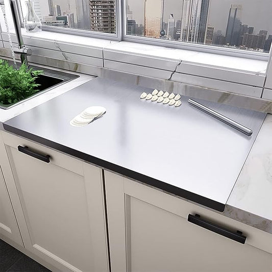 Stainless Steel Cutting Board with Lip, Extra Large Stove Top Chopping Board Pastry Board Kneading Board Noodle Boards 32”x 20” with Rolling Pin