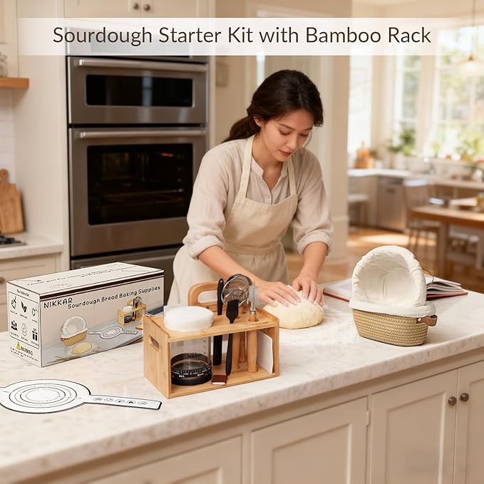 Complete Sourdough Starter Kit with Bamboo Storage Rack Bread Baskets, 12 Set Sourdough Bread Baking Supplies with Glass Sourdough Starter Jar for Bread Making Baking Fermentation
