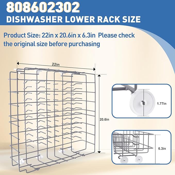UPGRADED 808602302 Lower Dishrack Assembly Compatible with frigidaire & kenmore Dishwashers Rack,Dishwasher Lower Dishrack With 154174501 Wheels Replaces 154432602 154432601 Dishwasher Bottom Rack
