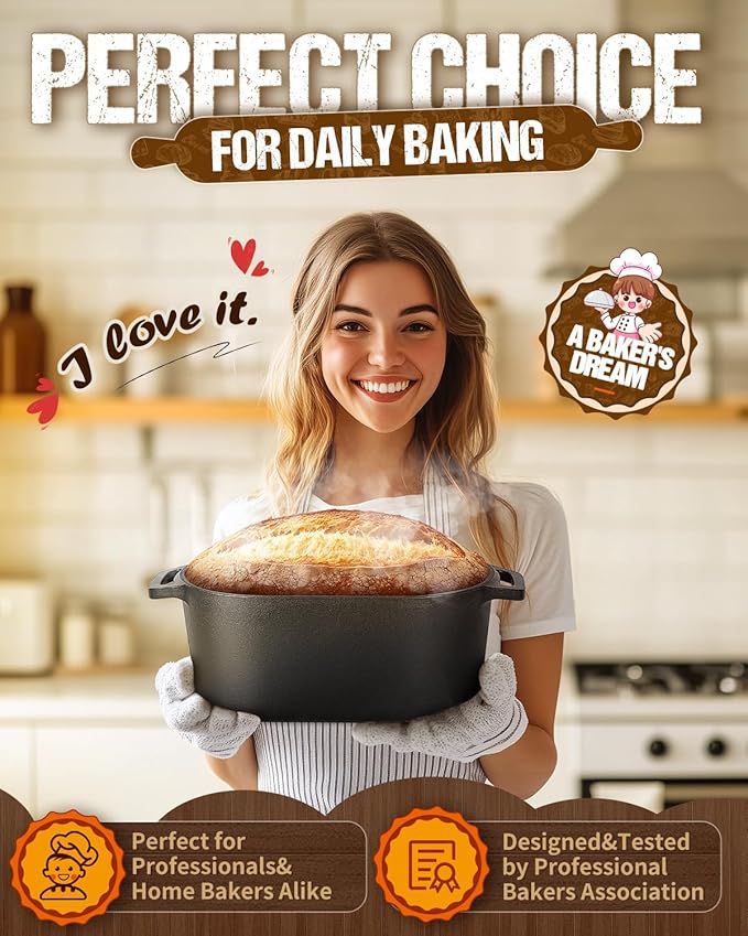 Oval Dutch Oven for Bread Baking, 3.6qt, Black, Up To 1000 ℉ Cast Iron Loaf Dutch Oven With Lid For Homemade Bread, Sourdough Bread Pan