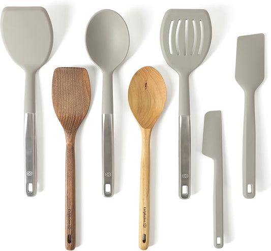 Calphalon Prime 7 Piece Sillicone and Teak Wood Kitchen Tool & Gadget Set - Taupe
