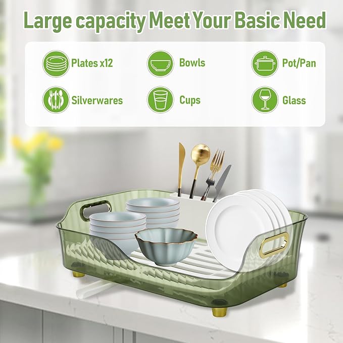 Dish Drying Rack, Plastic Dish Rack, Large Capacity Dish Drainer Rack, Space Saving Plate Drying Rack, Clear Kitchen Draining Rack for Chopsticks Bowl Plate Spoon (Green)