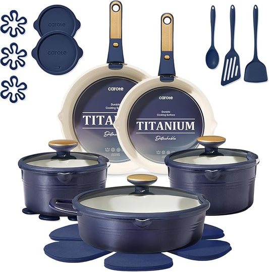 CAROTE 22Pcs Titanium Cookware Set, Pots and Pans Set Non Stick, Kitchen Cooking Set with Detachable Handle, Non Toxic Induction Cookware, Dishwasher/Oven Safe，Blue