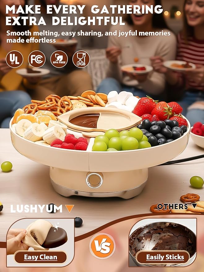 Chocolate Fondue Pot Set Electric Melting Machine, 4-Cup Capacity 4 Trays 5 Forks 1 Spatula Cheese Warmer, Ideal Gift for Couple Family & Date Night Idea House Warming Holidays Essentials