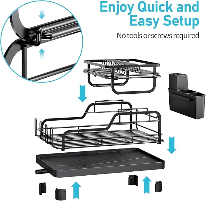TOOLF Dish Drying Rack,2 Tier Dish Drying Rack with Large Drainboard,Dish Racks for Kitchen Counter and Sink,Stainless Steel Dish Drainers with Cup ＆ Utensil Holders,Black