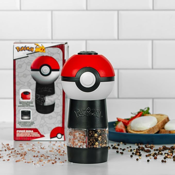 Uncanny Brands Pokémon Poké Ball Salt and Pepper Grinder – Dual Chamber Electric Mill with Adjustable Coarseness and LED Light – Battery Powered