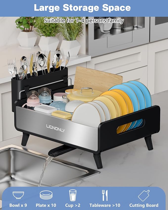 Dish Drying Rack, Thicker Premium Aluminum Frame and 304 Stainless Steel Plate Rack for Kitchen Counter, Automatic Drainage Spout, Dish Drainer & Drainboard Set with Utensil Holder, Black
