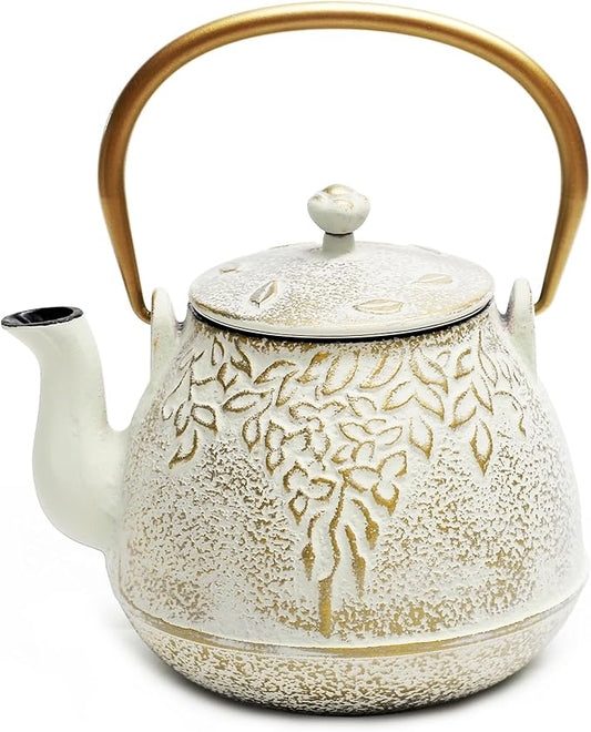 Toptier Cast Iron Tea Kettle, Stovetop Safe Japanese Cast Iron Teapot with Infuser, Leaf Design Tea Kettle for Stove Top Coated with Enameled Interior for 32 Ounce (950 ml), Creamy White
