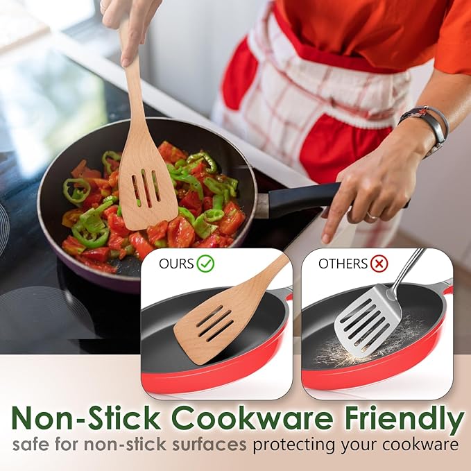 Wooden Spoons for Cooking, Beech Wood Kitchen Utensil Set, Premium Handmade Wooden Cooking Utensils for Nonstick Cookware, Heat Resistant, Smooth Finish, Comfortable Grip, 8 Piece