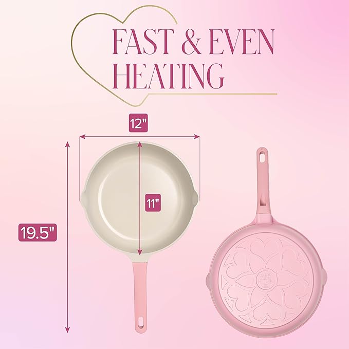 Paris Hilton Ceramic Cast Aluminum Nonstick Fry Pan, Fast & Even Heating with Easy Pour Spouts & Comfort-Grip Handle, 11-Inch, Pink