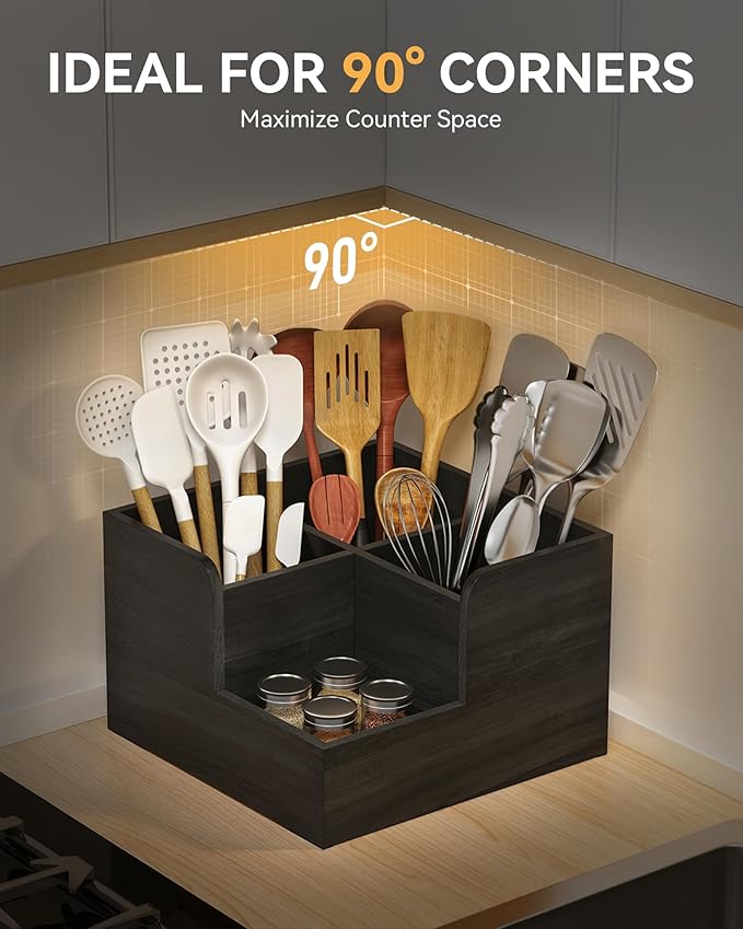 Yofidra Kitchen Utensil Holder with Stone Drying Mats, 4 Compartments Corner Utensil Holder for Kitchen Countertop, Extra Large Silverware Organizer (Black)
