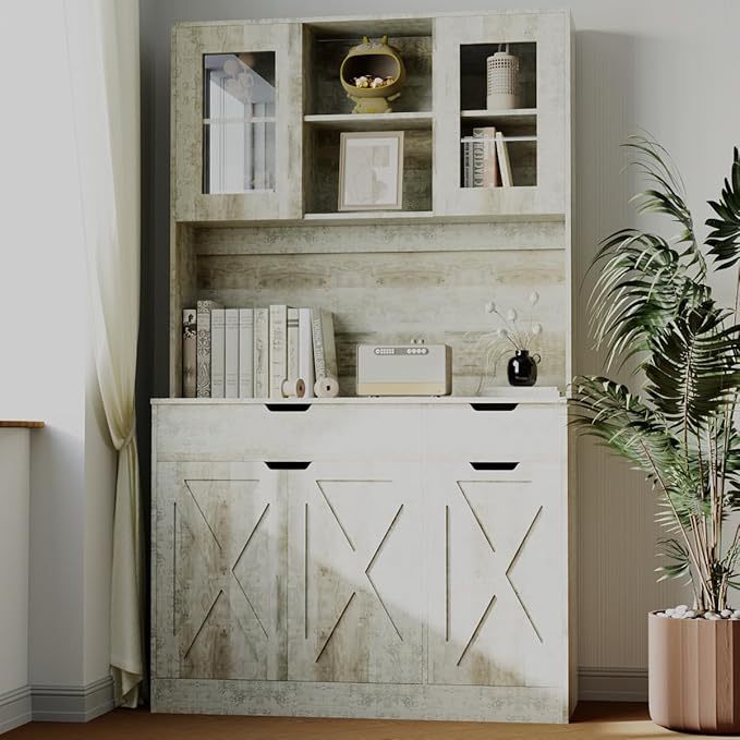 71" Tall Kitchen Pantry Storage Cabinet Large Farmhouse Hutch Cabinet with Microwave Stand, Charging Station, Adjustable Shelves, Countertop for Dining Room, Living Room, Grey