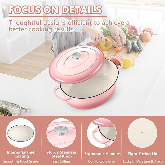 TeamFar 7QT Oval Dutch Oven, Enameled Cast Iron Dutch Oven Pot with Lid, For Bread Baking/Stewing/Braising/Frying, Suitable for Various Stoves, Non-stick & Easy Clean, Pink