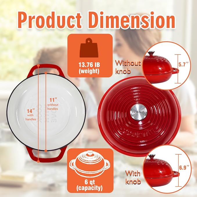 Enameled Cast Iron Bread Oven, 6 Quart Dutch Oven for Bread Sourdough Baking, 11" Thick Enamel Bread Baking Pan Kit with Lid for Stews, Roasts and Gifts for Family, Red