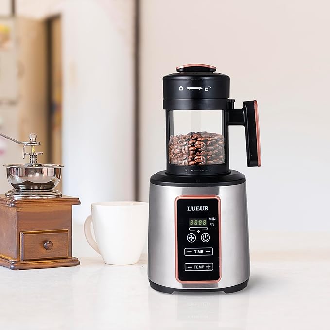 LUEUR Electric Coffee Bean Roaster Machine for Home Use, 1500W Hot Air Coffee Roaster with Adjustable Timer, Variable Heat & Air Fan Settings, Chaff Collection Basket, 100g Capacity