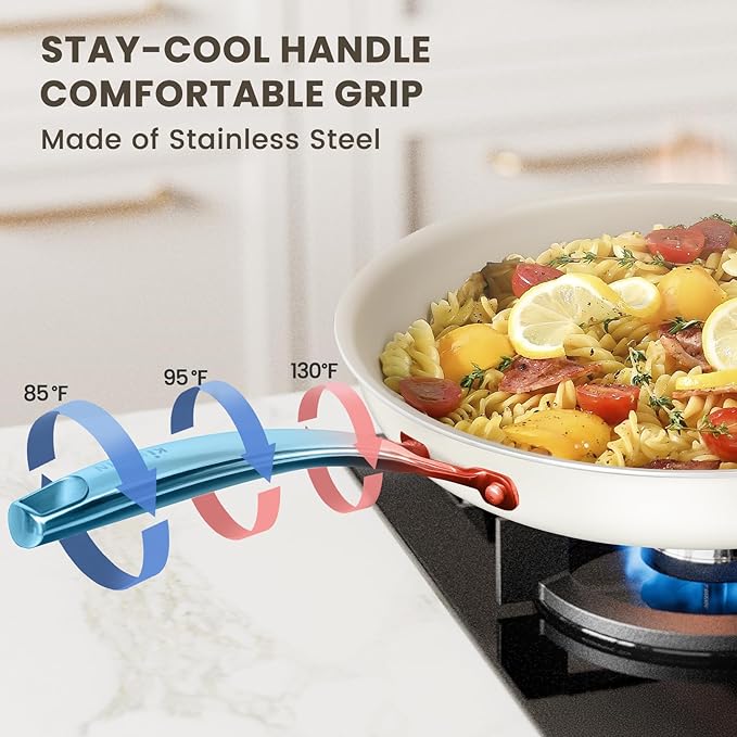 Kikcoin Non Stick Ceramic Frying Pans Skillet, 9.5-inch Healthy Non Toxic Cookware Egg Cooking Pan with Stay Cool Handle, PFAS & PTFE & PFOA Free, Dishwasher & Oven Safe