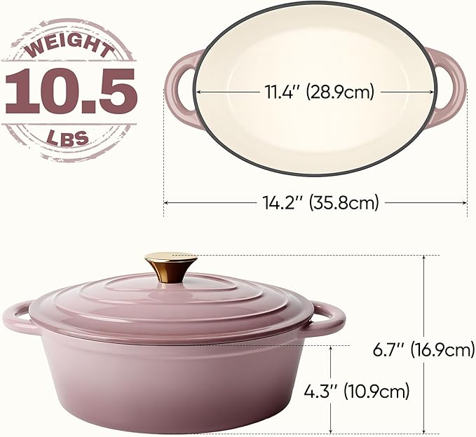 Oval Dutch Oven for Bread Baking, 4.5 Quart Non Stick Enameled Cast Iron Dutch Oven Pot with Lid, Oven Safe Oval Casserole with Lid up to 500°F for Baking, Braising, Stews, Roasting, Pink