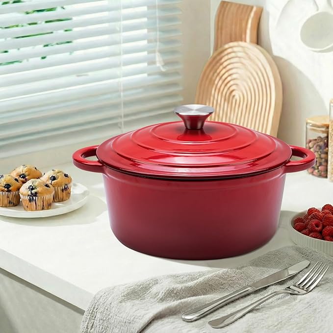 5.5QT Enameled Cast Iron Dutch Oven Pot with Lid,Heavy-Duty Cookware for Sourdough Bread Baking,Braising,Stews,Roasting,Oven Safe up to 500°F,RED