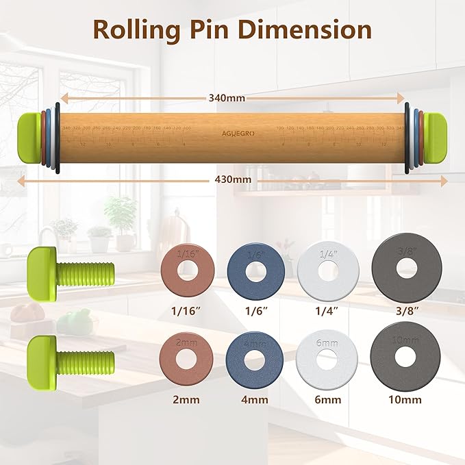 Rolling Pin with Adjustable Thickness Ring, Dough Thickness for Baking, Fondant, Pizza, Crust, Cookies, Pastry, 13.6'' Wooden Rolling Pin with 4 Multi-Color Thickness Rings