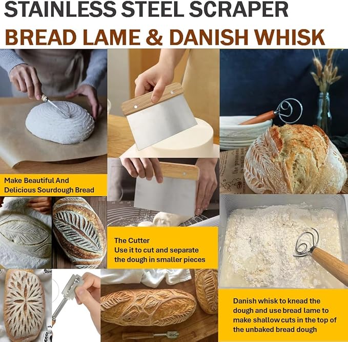 Sourdough Starter Kit with Proofing Baskets - 24oz Glass Jar, 9" Round & 10" Oval Banneton Set, Dough Whisk, Scraper & Baking Tools for Artisan Bread Making (Includes Temperature Guide)