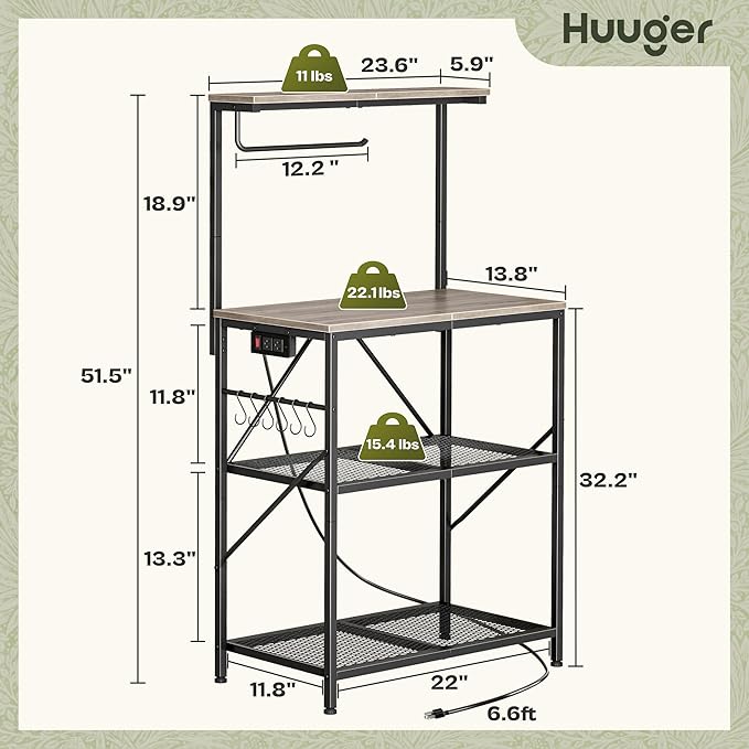 Huuger 4-Tier Bakers Rack with Reversible Power Outlet, 23.6 Inch Microwave Stand, Kitchen Coffee Bar, with Top Shelf, 6 S Hooks, Oak