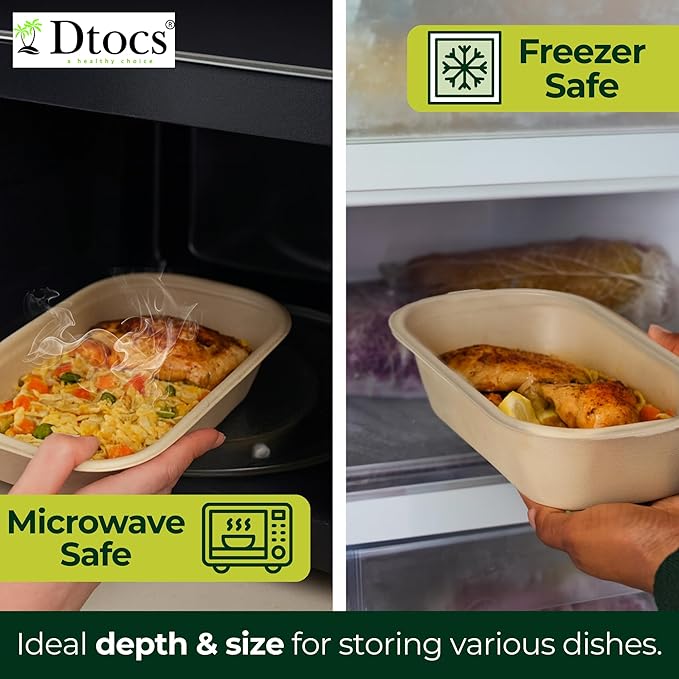 Dtocs Disposable Meal Prep Containers with Lids 28 oz (50 Pack) – Heavy Duty Bamboo Fiber Food Containers | Leak Resistant, Microwave & Freezer Safe No Plastic To Go Boxes for Catering, Takeout Meals