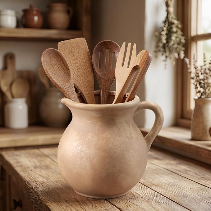 Rustic Kitchen Utensil Holder with Handle,7 Inch Ceramic Vintage Utensil Crock for Countertop, Farmhouse Kitchen Decoration Ceramic Pot for Spatulas Spoons Tongs (Classic,Antique Beige)