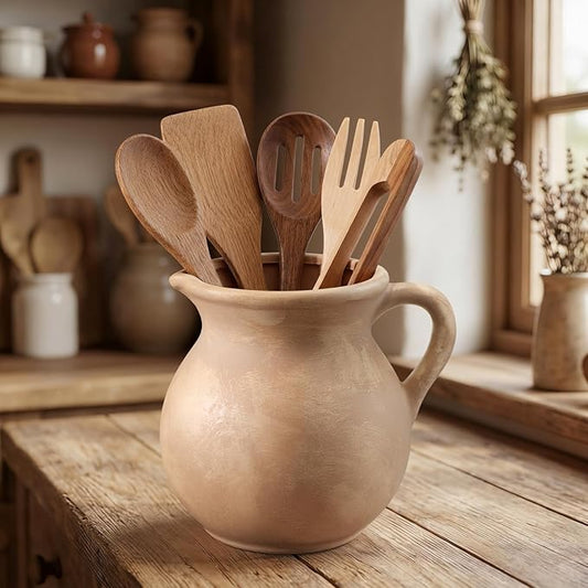 Rustic Kitchen Utensil Holder with Handle,7 Inch Ceramic Vintage Utensil Crock for Countertop, Farmhouse Kitchen Decoration Ceramic Pot for Spatulas Spoons Tongs (Classic,Antique Beige)
