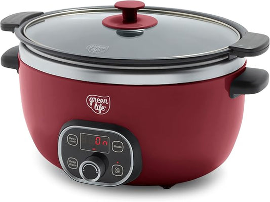 GreenLife 6QT Slow Cooker, Non-Toxic PFAS-Free Ceramic Nonstick Removable Interior Bowl, Programmable, Family Friendly, Keep Warm, Stovetop & Oven Safe, Dishwasher Safe Crock, Timer, Glass Lid, Red