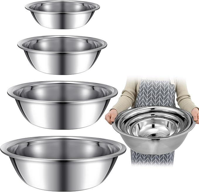 Set of 4 Large Mixing Bowls Set Stainless Steel 4, 8, 13 and 16 Quart Oversized Extra Large Steel Mixing Bowl for Home Commercial Cooking, Baking Serving, Food Prep and Salad Prep