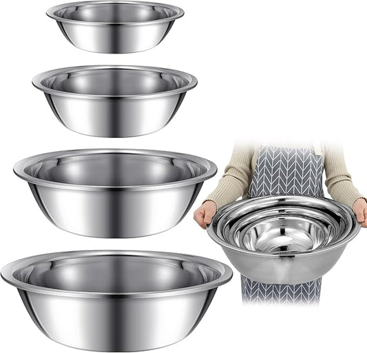Set of 4 Large Mixing Bowls Set Stainless Steel 4, 8, 13 and 16 Quart Oversized Extra Large Steel Mixing Bowl for Home Commercial Cooking, Baking Serving, Food Prep and Salad Prep