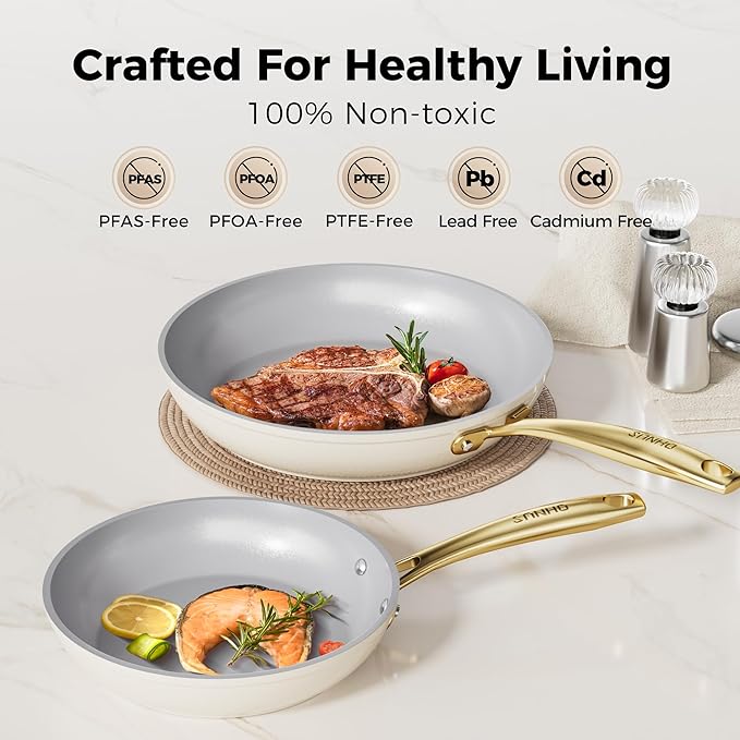 Sanho 2-Piece Nonstick Frying Pan Set (10 & 12 Inch), Diamond-Titanium Ceramic Coating PFAS/PFOA Free, Oven & Dishwasher Safe Skillets, Induction Compatible with Cool Touch PVD Handles
