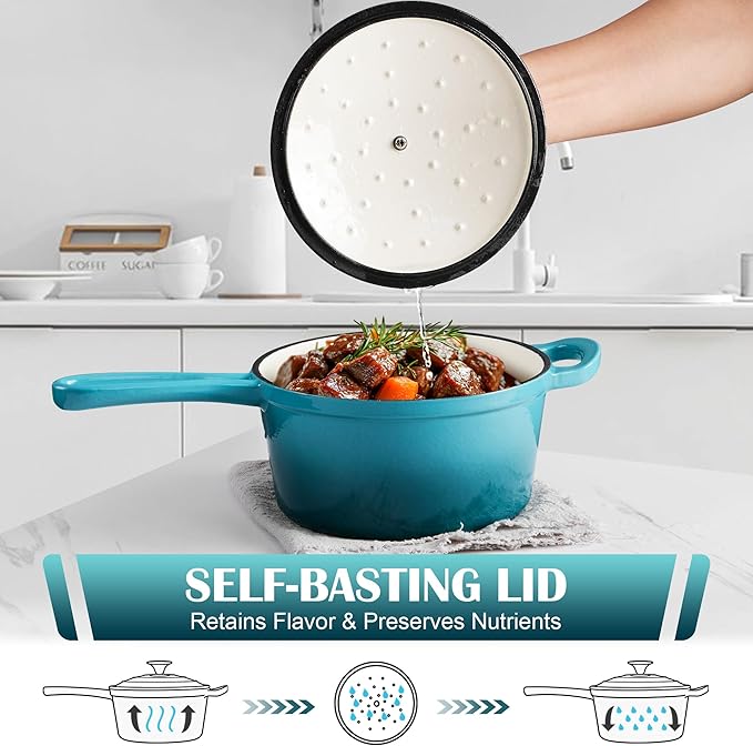 E-far Sauce Pan Set with Lid, 1Qt & 2Qt Enameled Cast Iron Pot Sets for Kitchen Cooking, Small Heavy Duty Dutch Oven Saucepans & Self-basting Lids, Induction-Ready & Easy Clean, Green