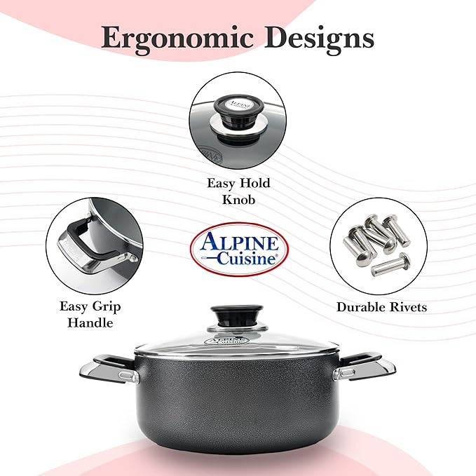 Alpine Cuisine 4 Quart Non-stick Stock Pot with Tempered Glass Lid and Carrying Handles, Multi-Purpose Cookware Aluminum Dutch Oven for Braising, Boiling, Stewing
