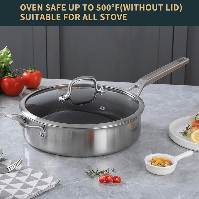 3QT Nonstick Saute Pan with Lid, 10-Inch Tri-Ply Deep Frying Pan & Large Skillet, Dishwasher & Metal Utensil Safe, Stay Cool Handle, All Stovetop + Oven Compatible (600℉)