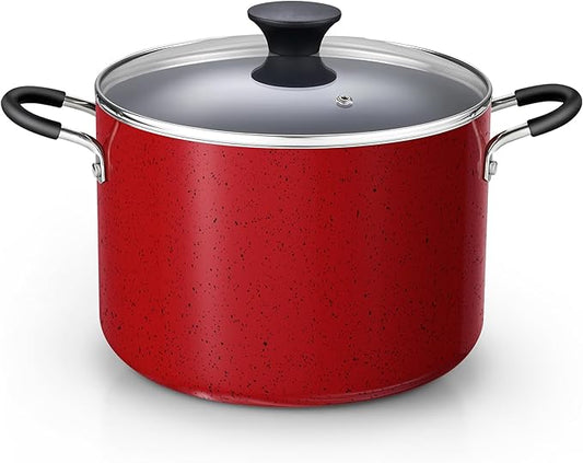 Cook N Home Nonstick Stockpot with Lid 8-Quarts, Professional Cooking Soup Pot, Canning Cookware, Marble Red